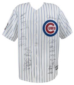 2016 Chicago Cubs Team Signed Chicago Cubs Joe Maddon 2016 WS Patch White Pinstripe Majestic Jersey (22 Sigs)