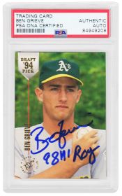 Ben Grieve Signed Oakland A's 1994 Stadium Club Draft Picks Rookie Baseball Card #84 w/98 AL ROY - (PSA Encapsulated)