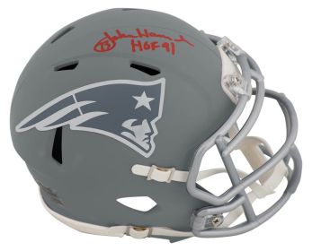 John Hannah Signed New England Patriots SLATE Riddell Speed Mini Helmet w/HOF'91