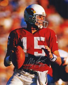 Neil Lomax Signed Cardinals Red Jersey Action 8x10 Photo (In Silver)