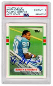 Barry Sanders Signed Detroit Lions 1989 Topps Rookie Card #83T - (PSA/DNA / Auto Grade 10)