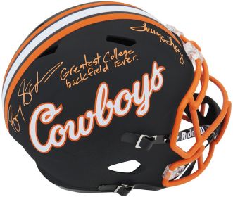 Barry Sanders & Thurman Thomas Signed Oklahoma State Black Riddell F/S Replica Helmet w/Greatest College Back Field Ever