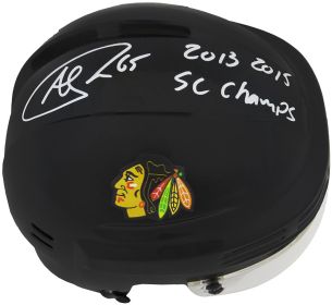 Andrew Shaw Signed Chicago Blackhawks Black Hockey Mini Helmet w/2013, 2015 SC Champs