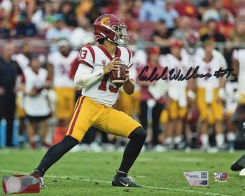 Caleb Williams Signed USC Trojans White Jersey Action 8x10 Photo (Fanatics)