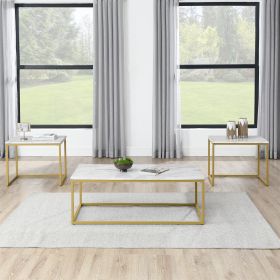 White Faux Marble Coffee Table Simple Modern 1pc Coffee Tables with 2pcs Table for Living Room and Office, White Gold