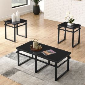 Modern 3-Piece Table Set, Includes 1 Coffee Table and 2 End Tables with BLACK Glass Top and Metal Tube (All-Black)