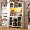 Farmhouse Coffee Bar Cabinet with LED Lights and Outlets with Wine Bottle Rack, 70" Rustic Buffet Cabinet with Wine Bottle and Wine Glass Rack, 1 Draw