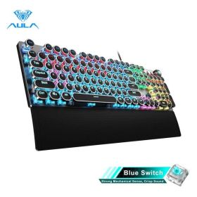 Gaming Mechanical Keyboard Retro Square Glowing Keycaps Backlit USB Wired 104 Anti-ghosting Gaming Keyboard for PC laptop (Color: Black-Round-Blue, Ships From: China)