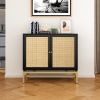 Natural Rattan 2-Door Accent Storage Cabinet with Adjustable Shelf and Painted Iron Feet